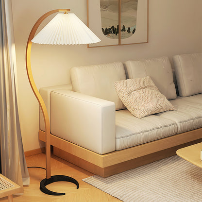 Scandinavian Curved Wooden Floor Lamp with Pleated Shade | Modern Living Room Light