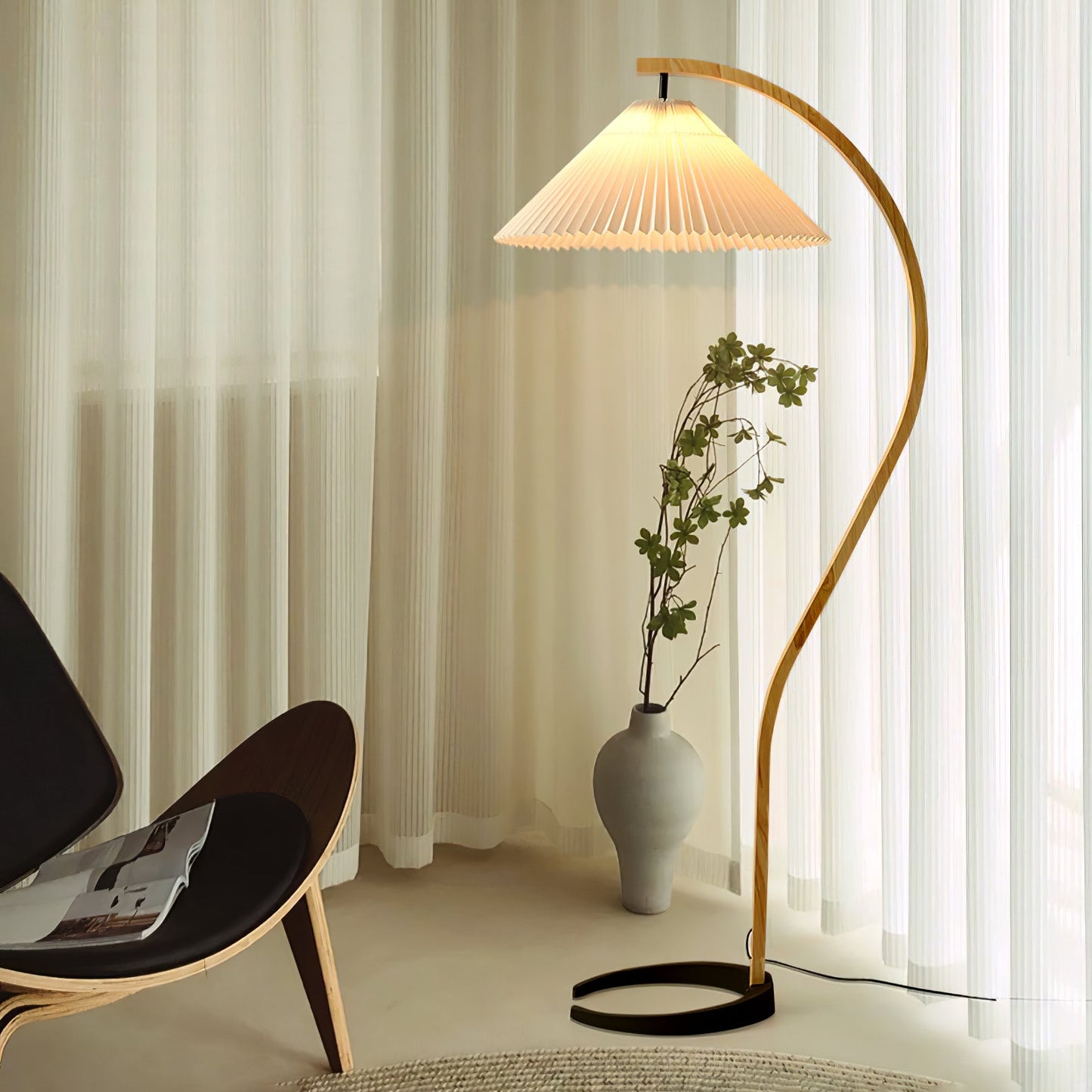 Scandinavian Curved Wooden Floor Lamp with Pleated Shade | Modern Living Room Light