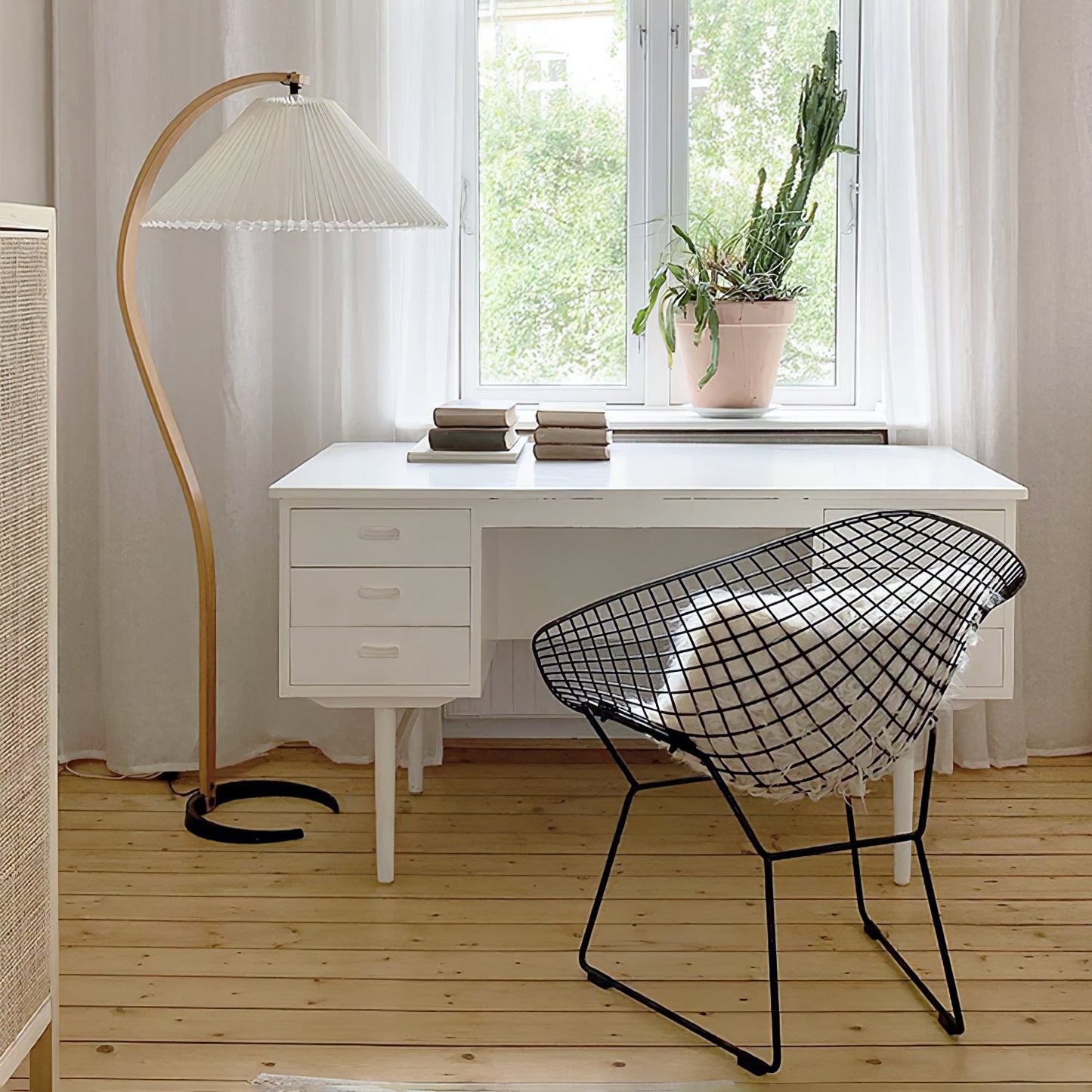 Scandinavian Curved Wooden Floor Lamp with Pleated Shade | Modern Living Room Light