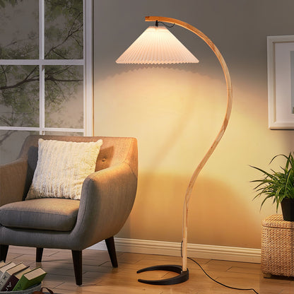 Scandinavian Curved Wooden Floor Lamp with Pleated Shade | Modern Living Room Light