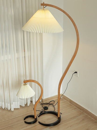 Scandinavian Curved Wooden Floor Lamp with Pleated Shade | Modern Living Room Light