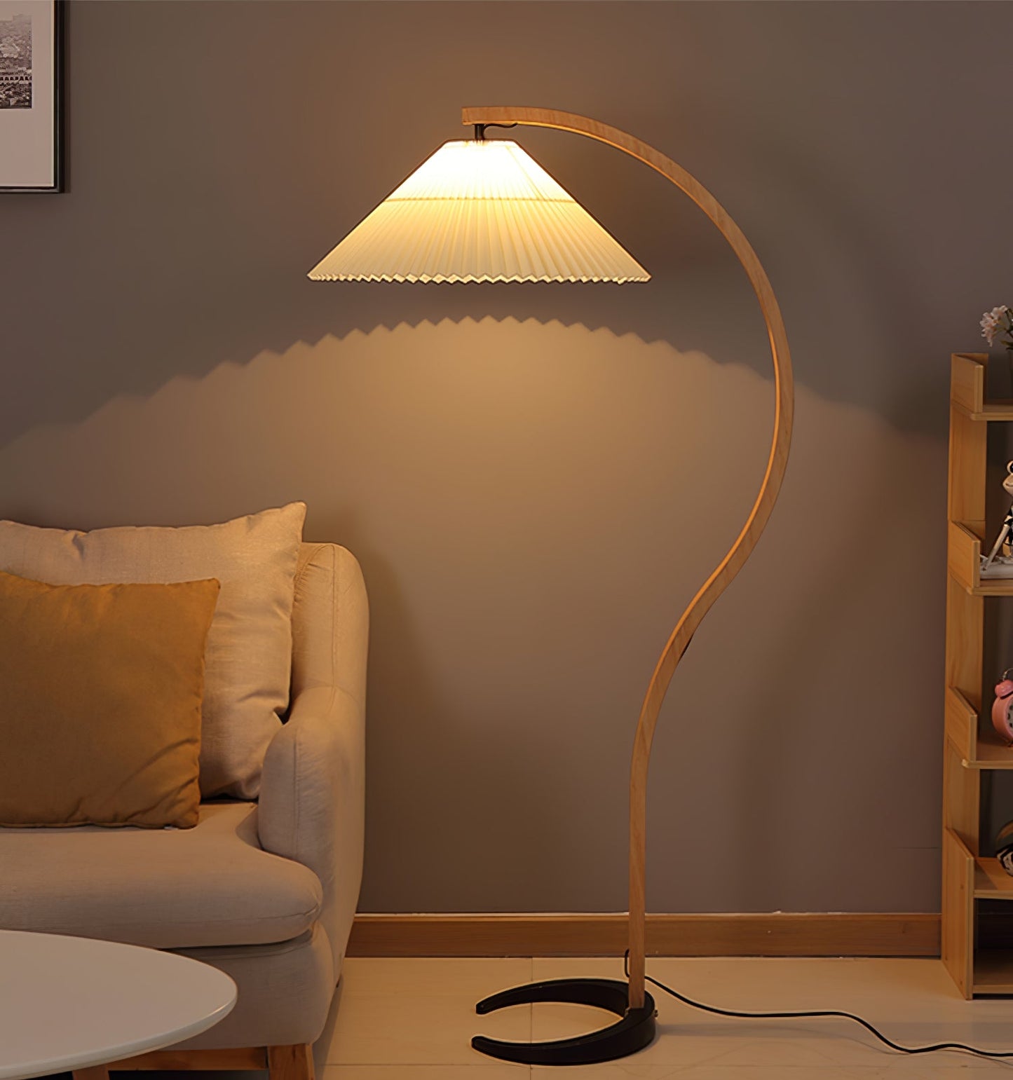 Scandinavian Curved Wooden Floor Lamp with Pleated Shade | Modern Living Room Light