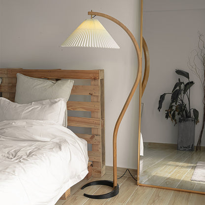 Scandinavian Curved Wooden Floor Lamp with Pleated Shade | Modern Living Room Light