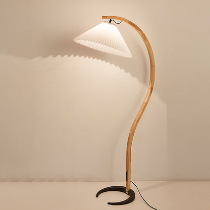 Scandinavian Curved Wooden Floor Lamp with Pleated Shade | Modern Living Room Light