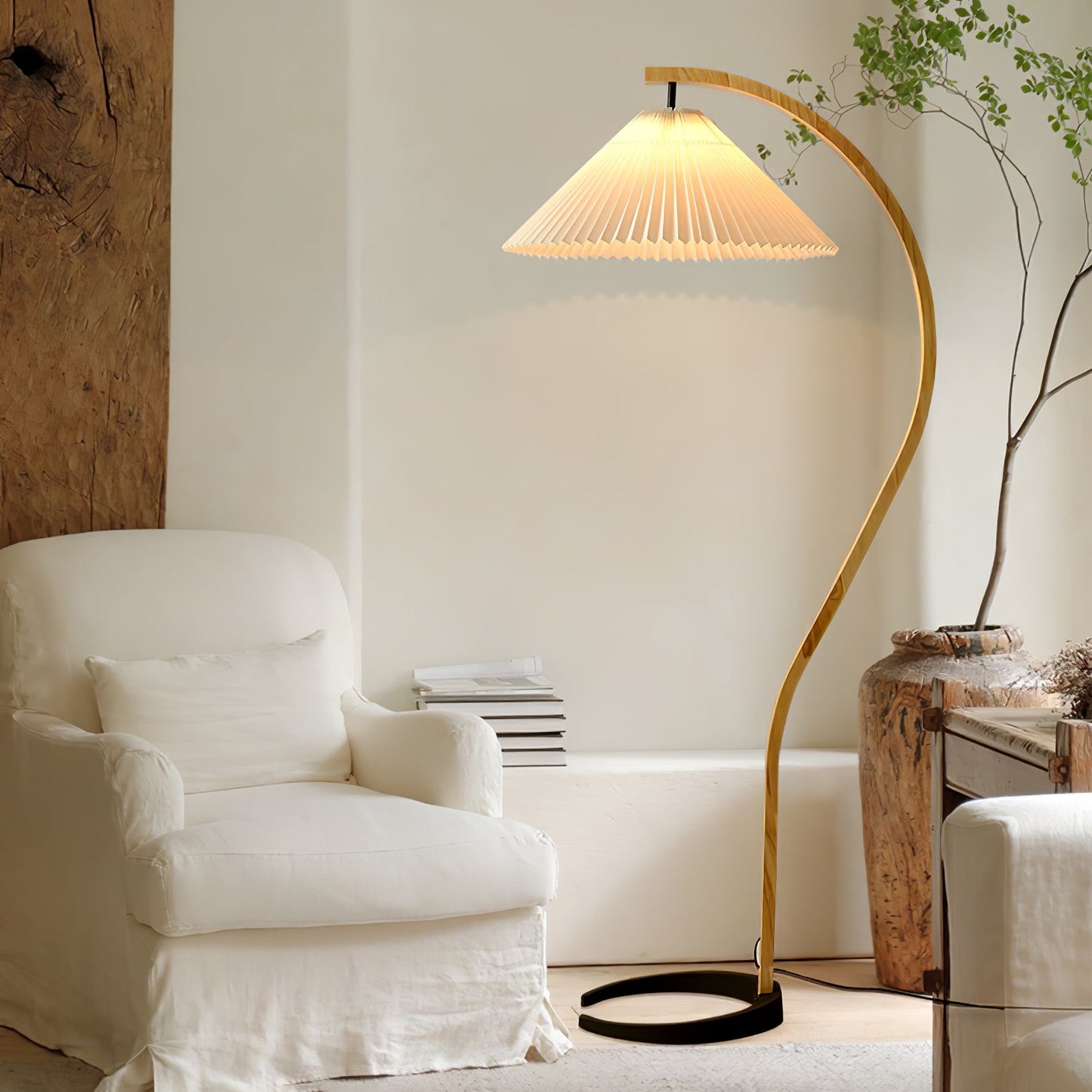 Scandinavian Curved Wooden Floor Lamp with Pleated Shade | Modern Living Room Light