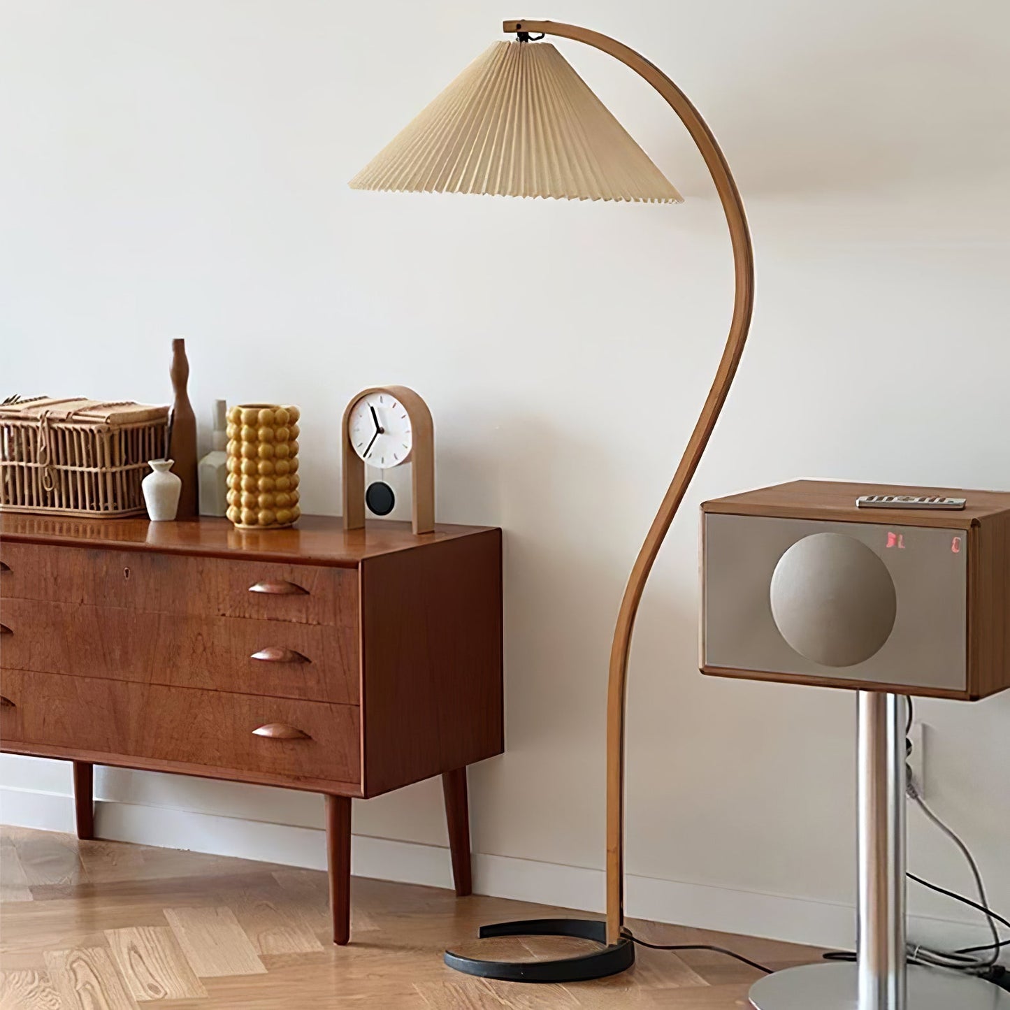 Scandinavian Curved Wooden Floor Lamp with Pleated Shade | Modern Living Room Light