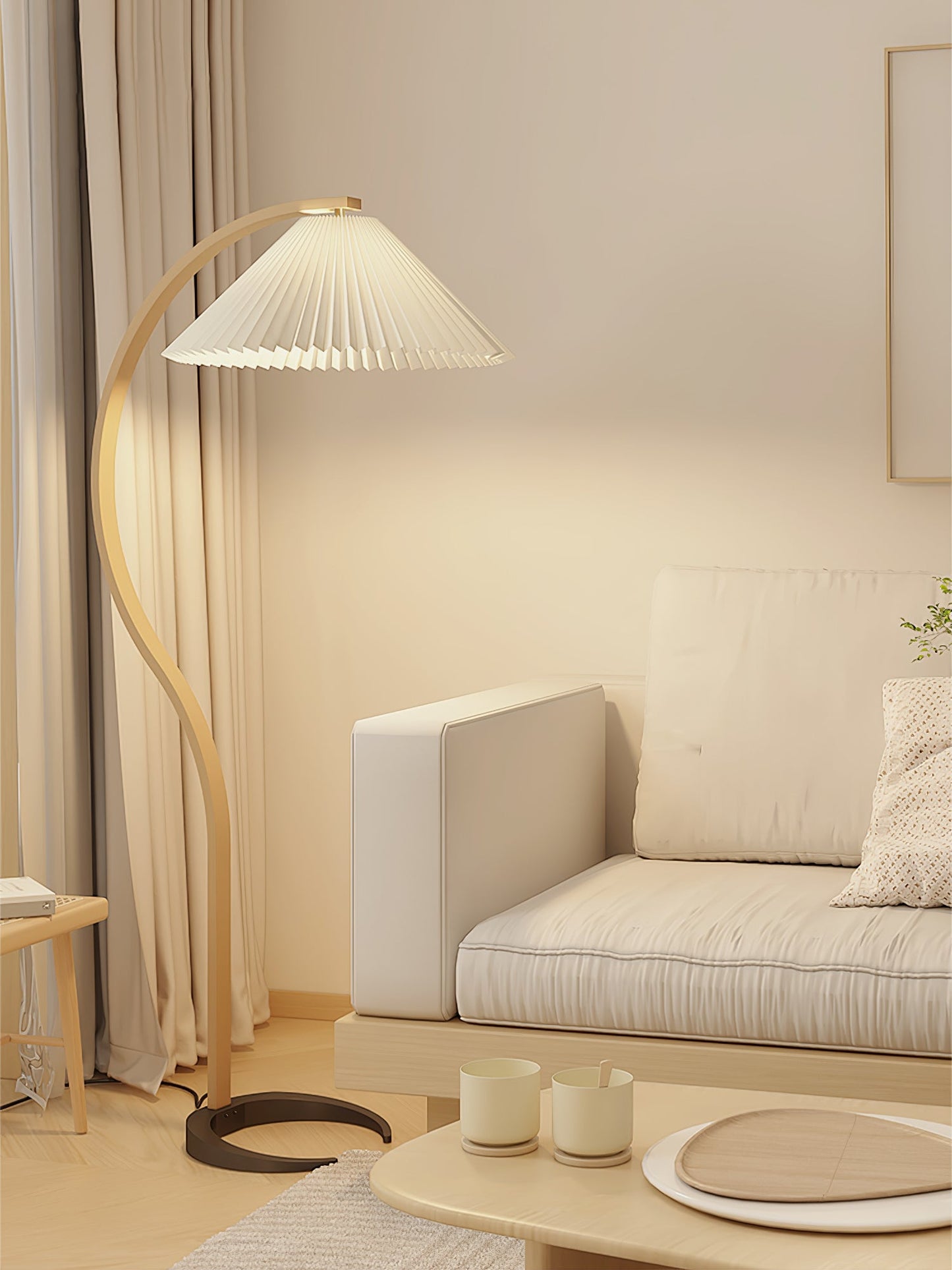 Scandinavian Curved Wooden Floor Lamp with Pleated Shade | Modern Living Room Light