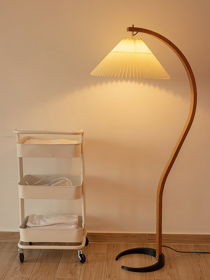 Scandinavian Curved Wooden Floor Lamp with Pleated Shade | Modern Living Room Light