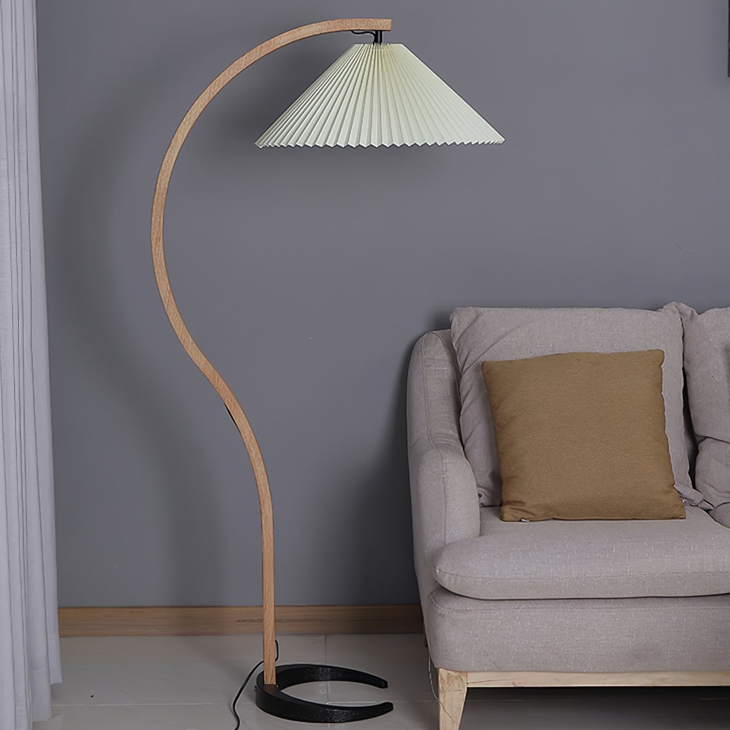 Scandinavian Curved Wooden Floor Lamp with Pleated Shade | Modern Living Room Light