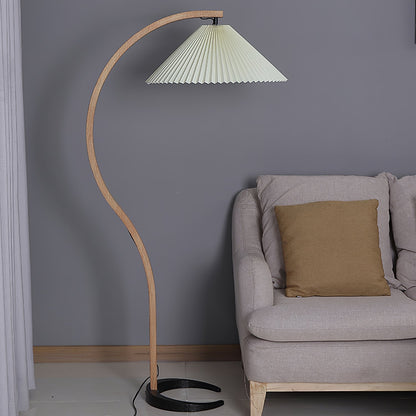 Scandinavian Curved Wooden Floor Lamp with Pleated Shade | Modern Living Room Light