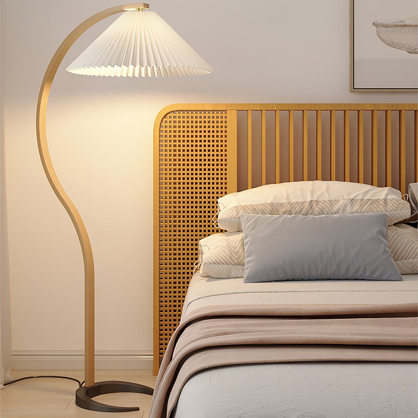 Scandinavian Curved Wooden Floor Lamp with Pleated Shade | Modern Living Room Light