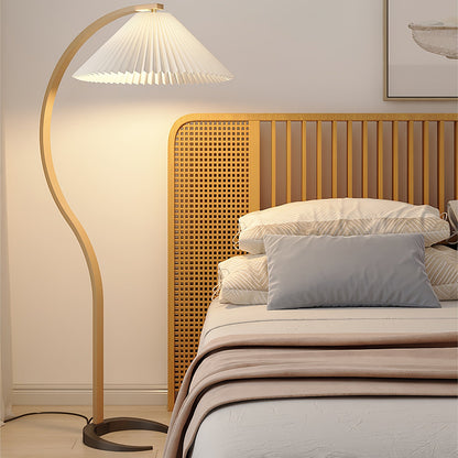 Scandinavian Curved Wooden Floor Lamp with Pleated Shade | Modern Living Room Light