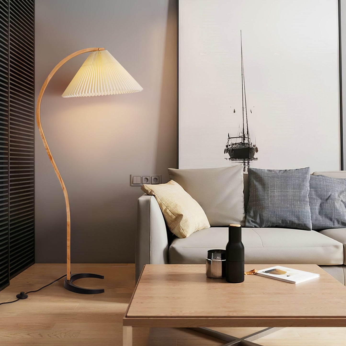 Scandinavian Curved Wooden Floor Lamp with Pleated Shade | Modern Living Room Light