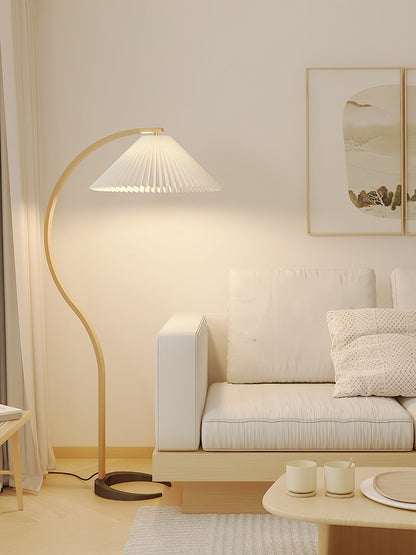 Scandinavian Curved Wooden Floor Lamp with Pleated Shade | Modern Living Room Light