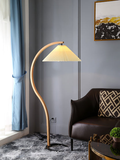 Scandinavian Curved Wooden Floor Lamp with Pleated Shade | Modern Living Room Light