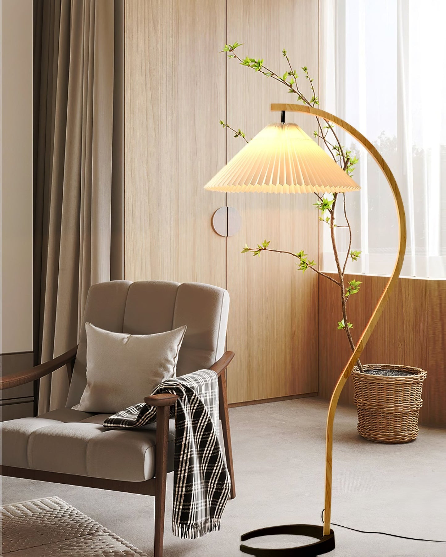 Scandinavian Curved Wooden Floor Lamp with Pleated Shade | Modern Living Room Light