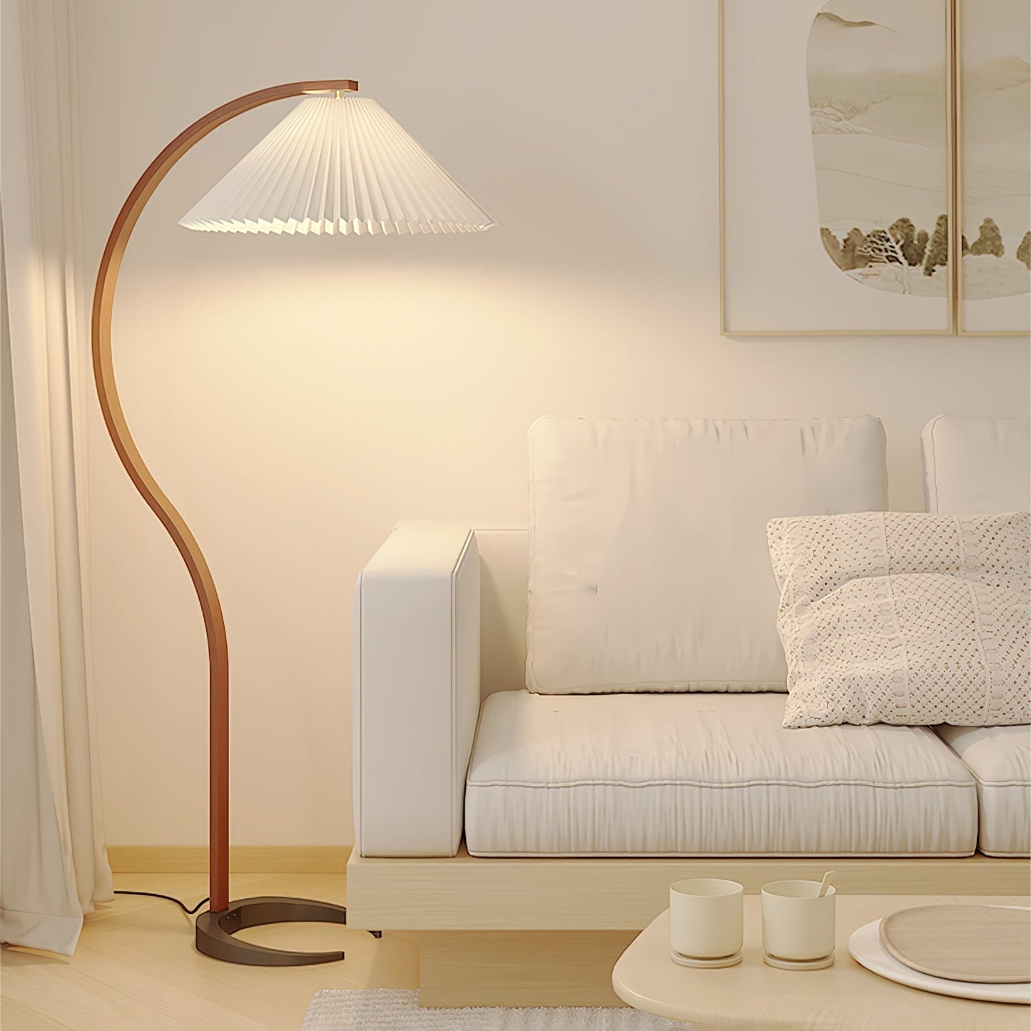 Scandinavian Curved Wooden Floor Lamp with Pleated Shade | Modern Living Room Light