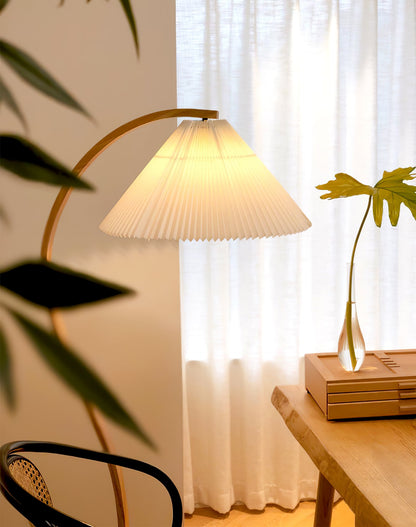 Scandinavian Curved Wooden Floor Lamp with Pleated Shade | Modern Living Room Light