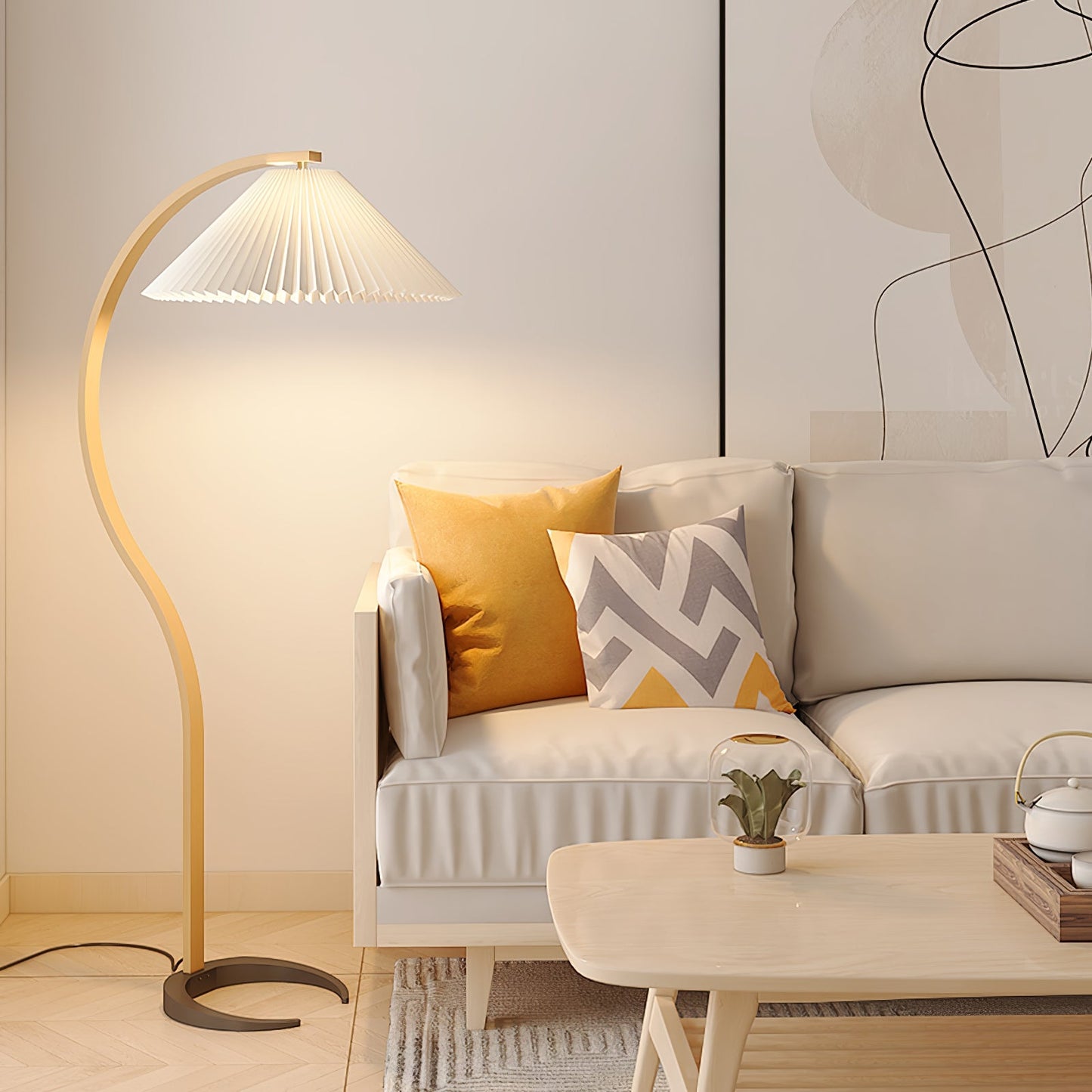 Scandinavian Curved Wooden Floor Lamp with Pleated Shade | Modern Living Room Light