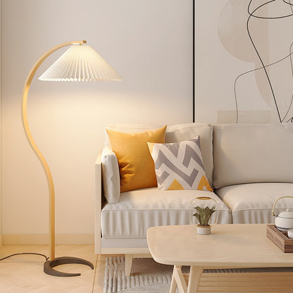 Scandinavian Curved Wooden Floor Lamp with Pleated Shade | Modern Living Room Light