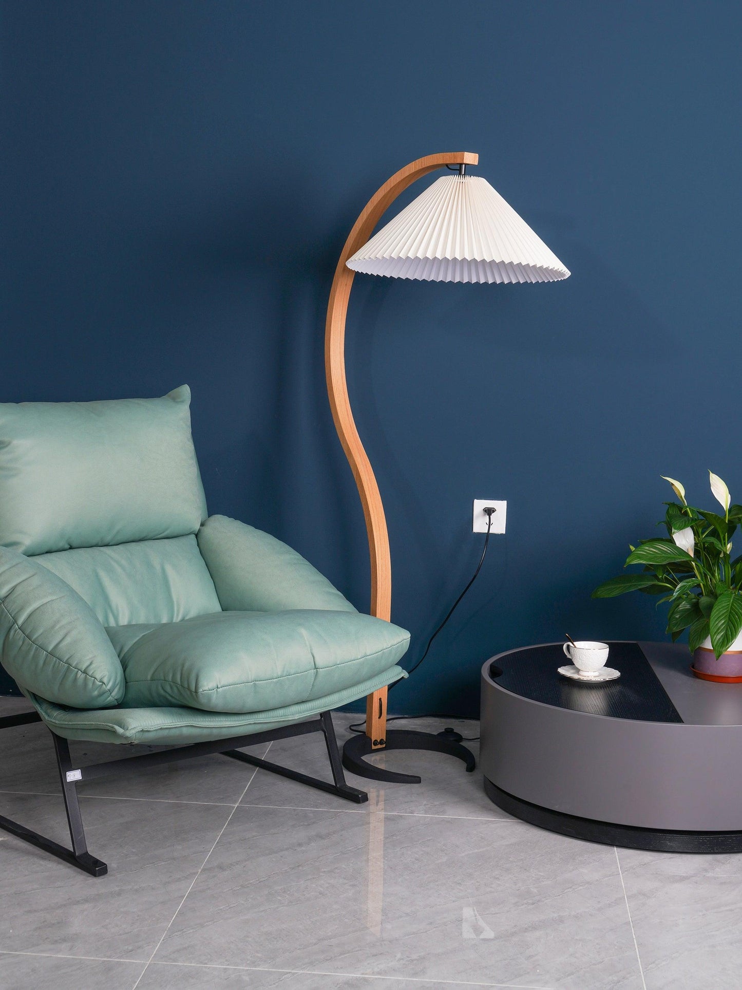 Scandinavian Curved Wooden Floor Lamp with Pleated Shade | Modern Living Room Light
