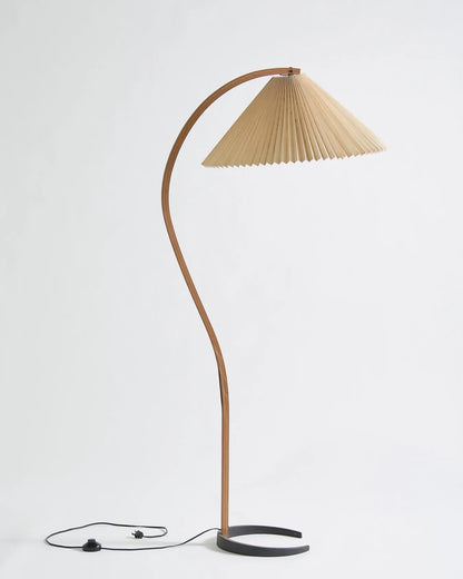 Scandinavian Curved Wooden Floor Lamp with Pleated Shade | Modern Living Room Light