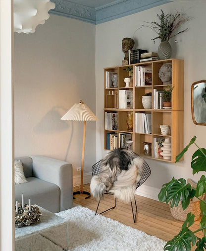 Scandinavian Curved Wooden Floor Lamp with Pleated Shade | Modern Living Room Light