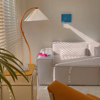 Scandinavian Curved Wooden Floor Lamp with Pleated Shade | Modern Living Room Light