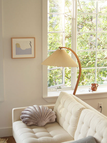 Scandinavian Curved Wooden Floor Lamp with Pleated Shade | Modern Living Room Light