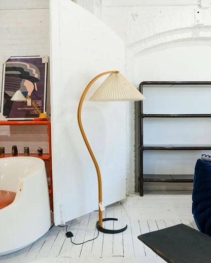 Scandinavian Curved Wooden Floor Lamp with Pleated Shade | Modern Living Room Light