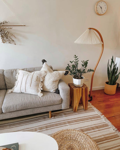 Scandinavian Curved Wooden Floor Lamp with Pleated Shade | Modern Living Room Light