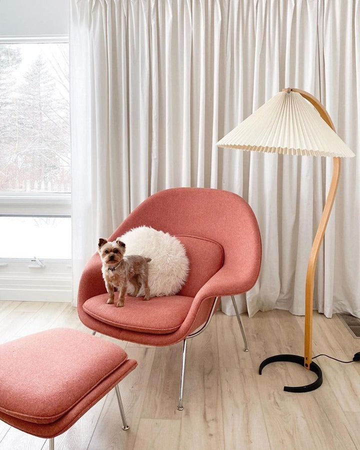 Scandinavian Curved Wooden Floor Lamp with Pleated Shade | Modern Living Room Light