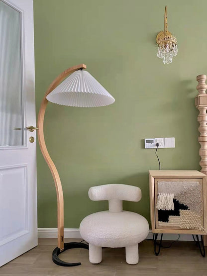 Scandinavian Curved Wooden Floor Lamp with Pleated Shade | Modern Living Room Light