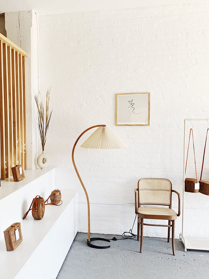 Scandinavian Curved Wooden Floor Lamp with Pleated Shade | Modern Living Room Light