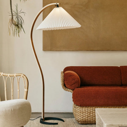 Scandinavian Curved Wooden Floor Lamp with Pleated Shade | Modern Living Room Light