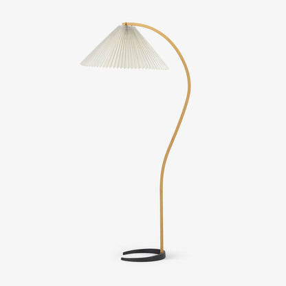 Scandinavian Curved Wooden Floor Lamp with Pleated Shade | Modern Living Room Light