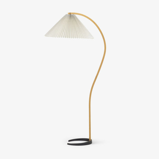 Scandinavian Curved Wooden Floor Lamp with Pleated Shade | Modern Living Room Light