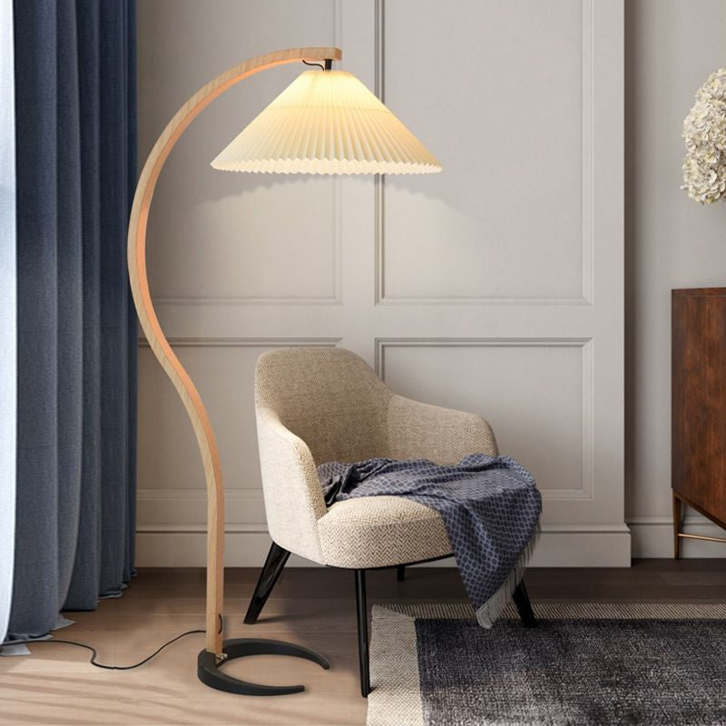 Scandinavian Curved Wooden Floor Lamp with Pleated Shade | Modern Living Room Light