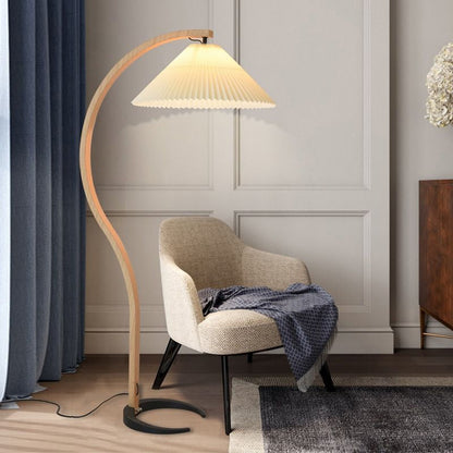 Scandinavian Curved Wooden Floor Lamp with Pleated Shade | Modern Living Room Light