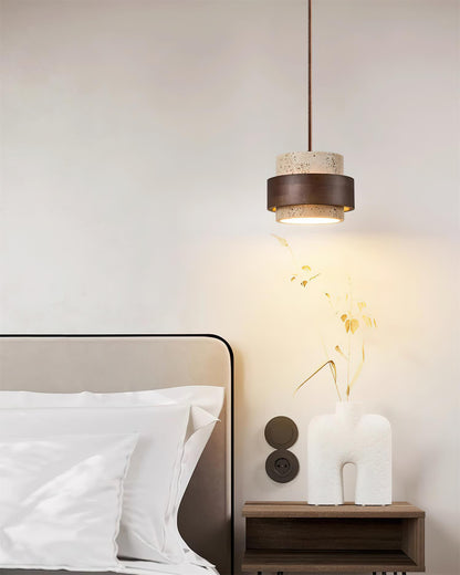 Modern Stone and Wood Pendant Light | Natural Travertine Ceiling Lamp