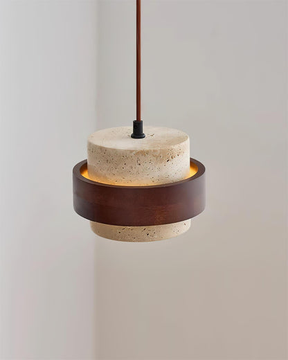 Modern Stone and Wood Pendant Light | Natural Travertine Ceiling Lamp
