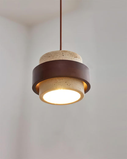 Modern Stone and Wood Pendant Light | Natural Travertine Ceiling Lamp