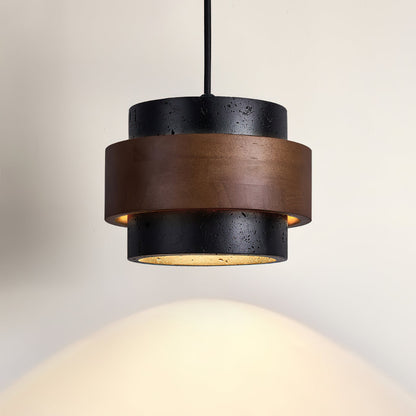 Modern Stone and Wood Pendant Light | Natural Travertine Ceiling Lamp