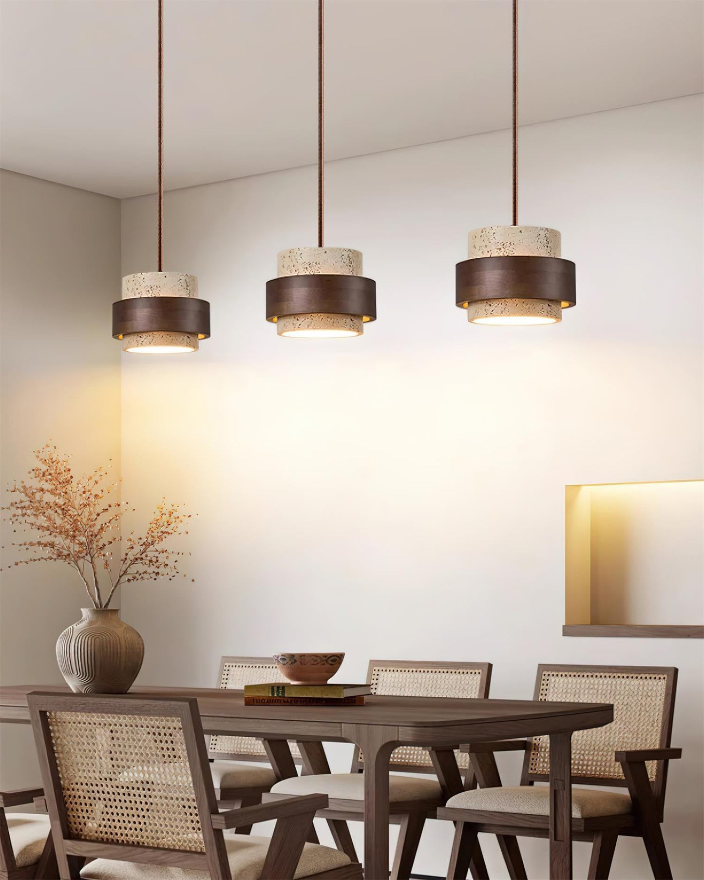 Modern Stone and Wood Pendant Light | Natural Travertine Ceiling Lamp