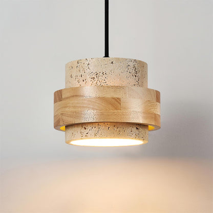 Modern Stone and Wood Pendant Light | Natural Travertine Ceiling Lamp
