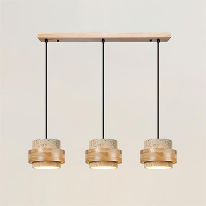 Modern Stone and Wood Pendant Light | Natural Travertine Ceiling Lamp