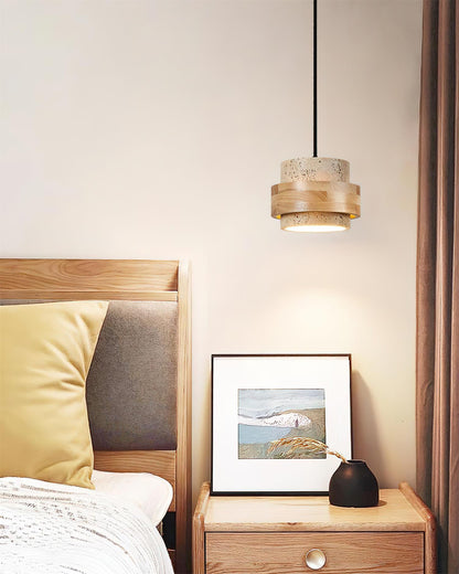 Modern Stone and Wood Pendant Light | Natural Travertine Ceiling Lamp