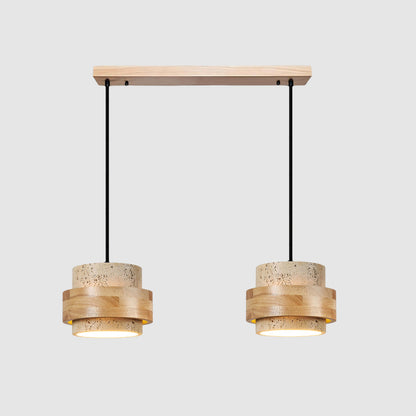Modern Stone and Wood Pendant Light | Natural Travertine Ceiling Lamp