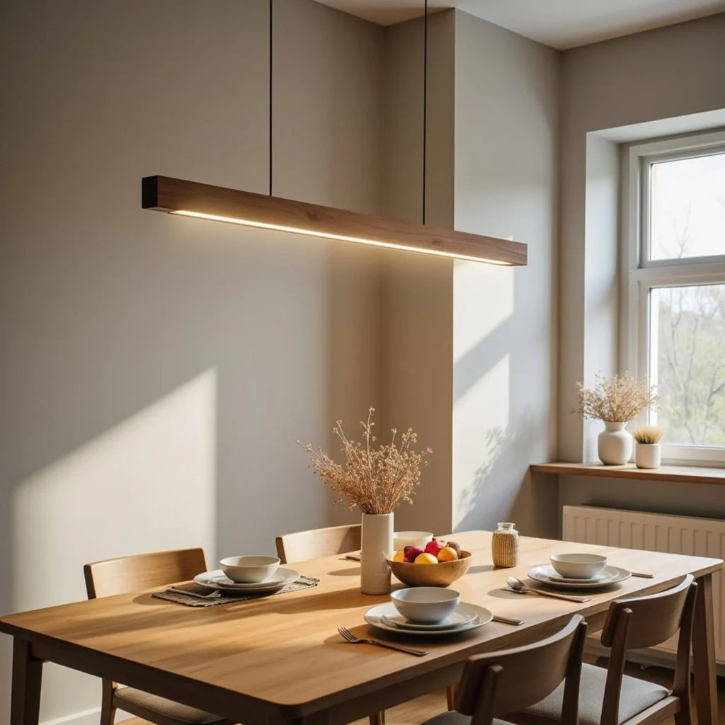 Long Wooden Pendant Ceiling Lamp | Modern LED Light for Dining or Kitchen Island