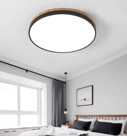 Round LED Ceiling Light with Wood Finish | Modern Bedroom Living Room Lamp